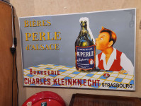 00000 - STOCK LIMITE  Plaque emaillée GM Reproduction déco vintage biere PERLE D'Alsace